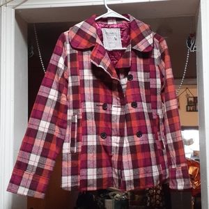 Old Navy Pink & Orange Plaid Peacoat, Size XL